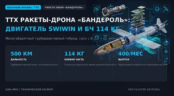 Схема ракеты-дрона S8000 «Бандероль» с турбореактивным двигателем SWIWIN и боевой частью 114 кг