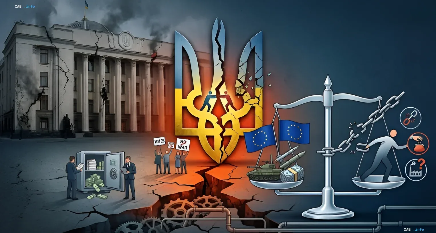 Иллюстрация: треснувший украинский герб, разрушенное здание, весы с флагами ЕС и военной техникой против фигуры с иконками коррупции — политический раскол и сомнения в поддержке Украины Европой