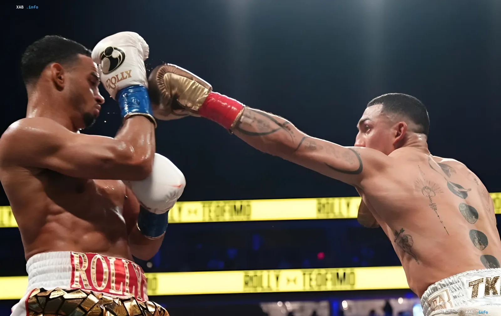 Teofimo Lopez lands a punch on Shane Porter in the WBA welterweight title fight