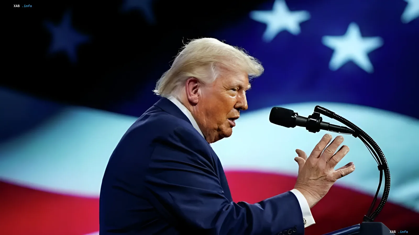 Дональд Трамп выступает у микрофона на фоне американского флага перед возможной встречей с Си Цзиньпином по вопросу закупок памяти Apple у CXMT и YMTC