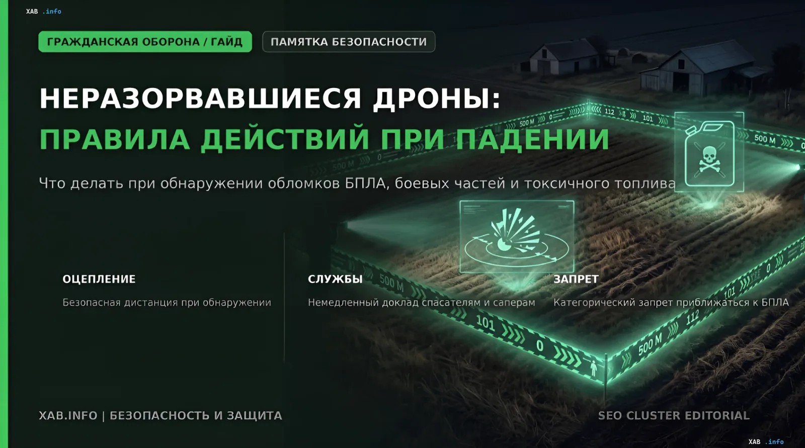 Инфографика гражданской обороны: правила действий при падении неразорвавшихся БПЛА и крылатых ракет, безопасная зона 500 метров, запрет приближаться к обломкам и токсичному топливу