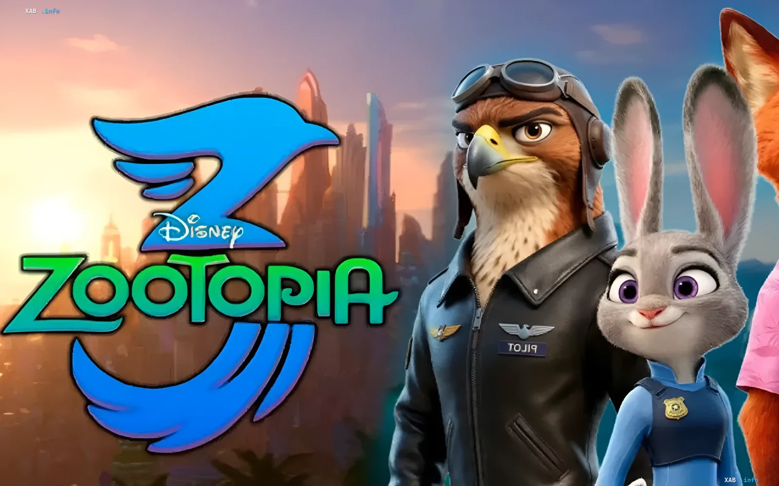 Disney Zootopia logo with characters Judy Hopps, a pilot falcon and Nick Wilde announcing Zootopia 3