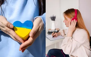Symbols of Ukrainian identity: a heart painted with the national flag and a woman listening to music