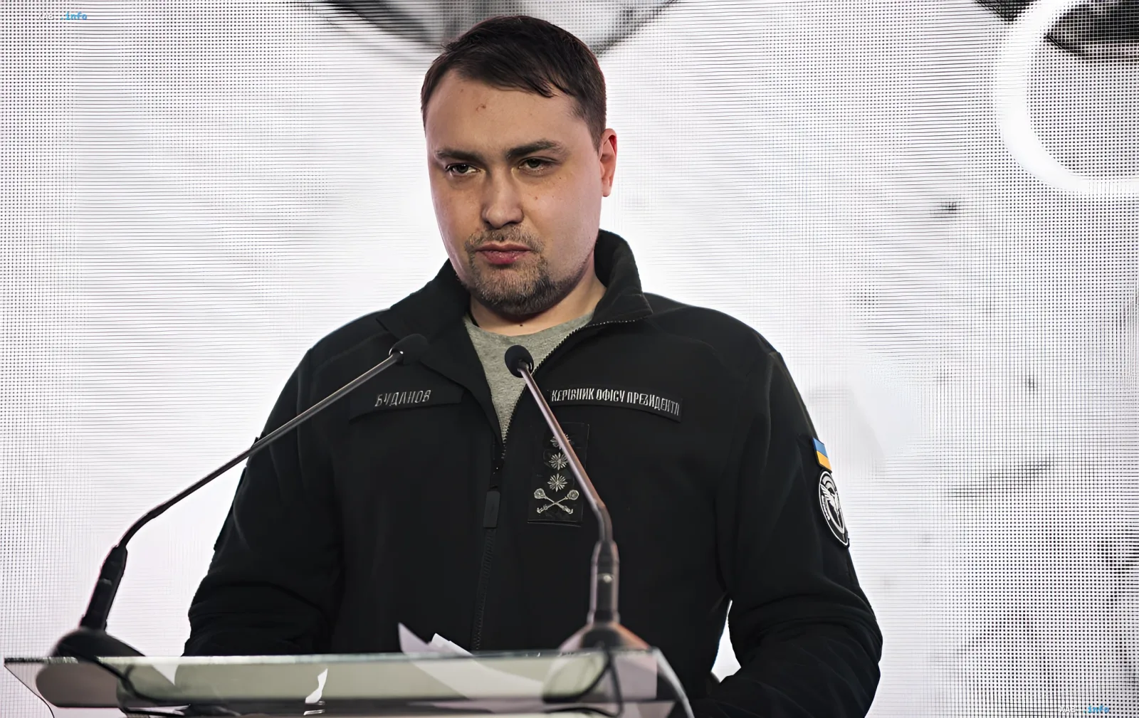 Kyrylo Budanov at a podium with microphones, speaking about a proposal for joint drone production with Italy and Black Sea protection