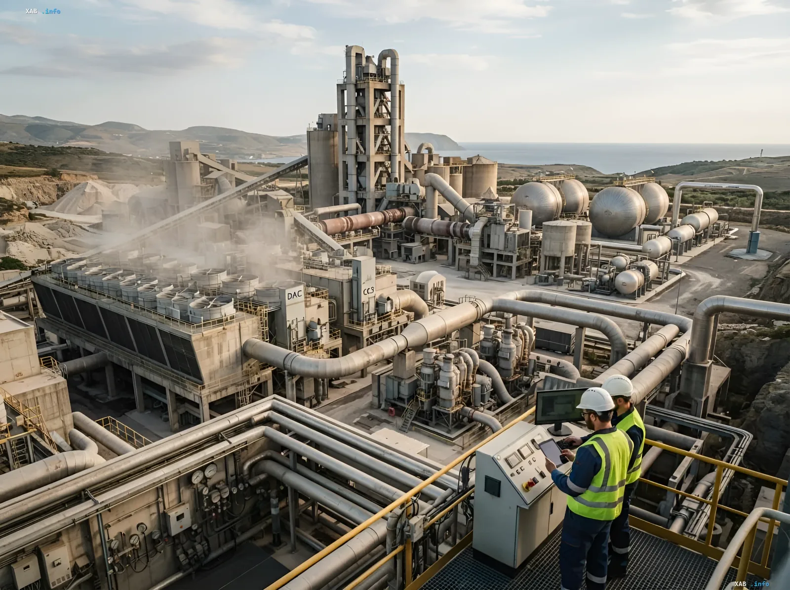 Zementwerk mit CO2-Abscheideanlagen (CCS/DAC), Ingenieure überwachen das Kohlenstoff-Capturing-System — der Weg zu 78 % weniger Emissionen bis 2050