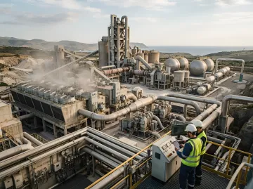 Cement plant equipped with CO2 capture units (CCS/DAC) as engineers monitor the carbon capture system — a path to cutting industry emissions by 78% by 2050