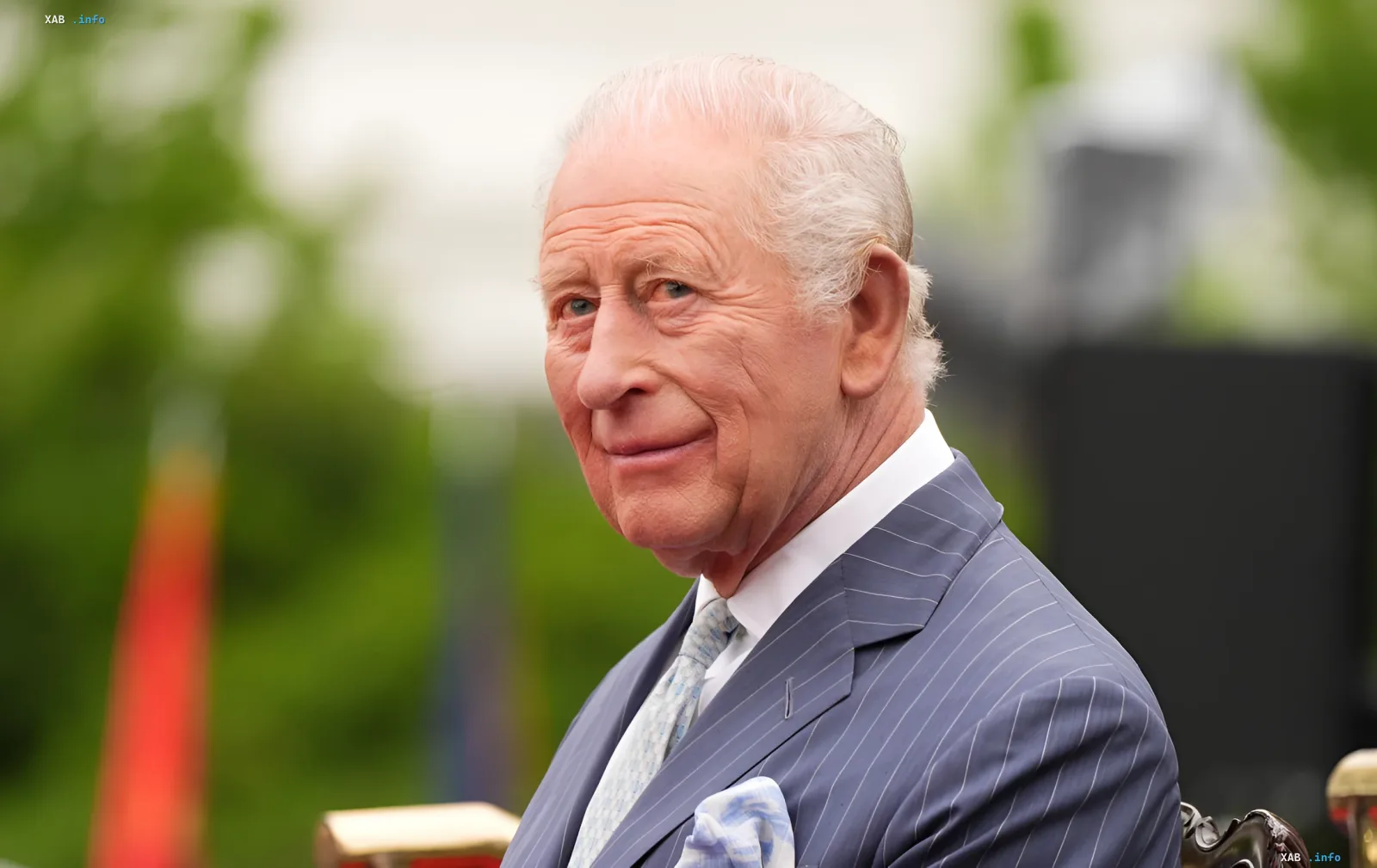 König Charles III in einem grauen Streifenanzug vor dem Hintergrund eines königlichen Wagens, offizielles Porträt anlässlich der Glückwünsche an die Ukrainer zum Unabhängigkeitstag