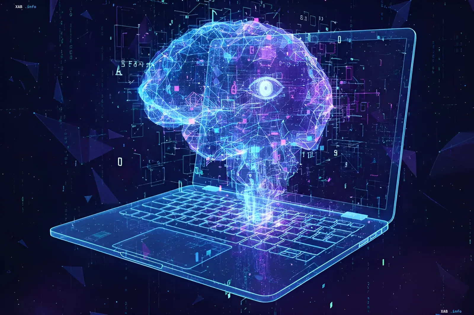 Holographic AI brain with a single eye projected from a laptop — visualization of the Faraday AI agent by Google DeepMind alumni