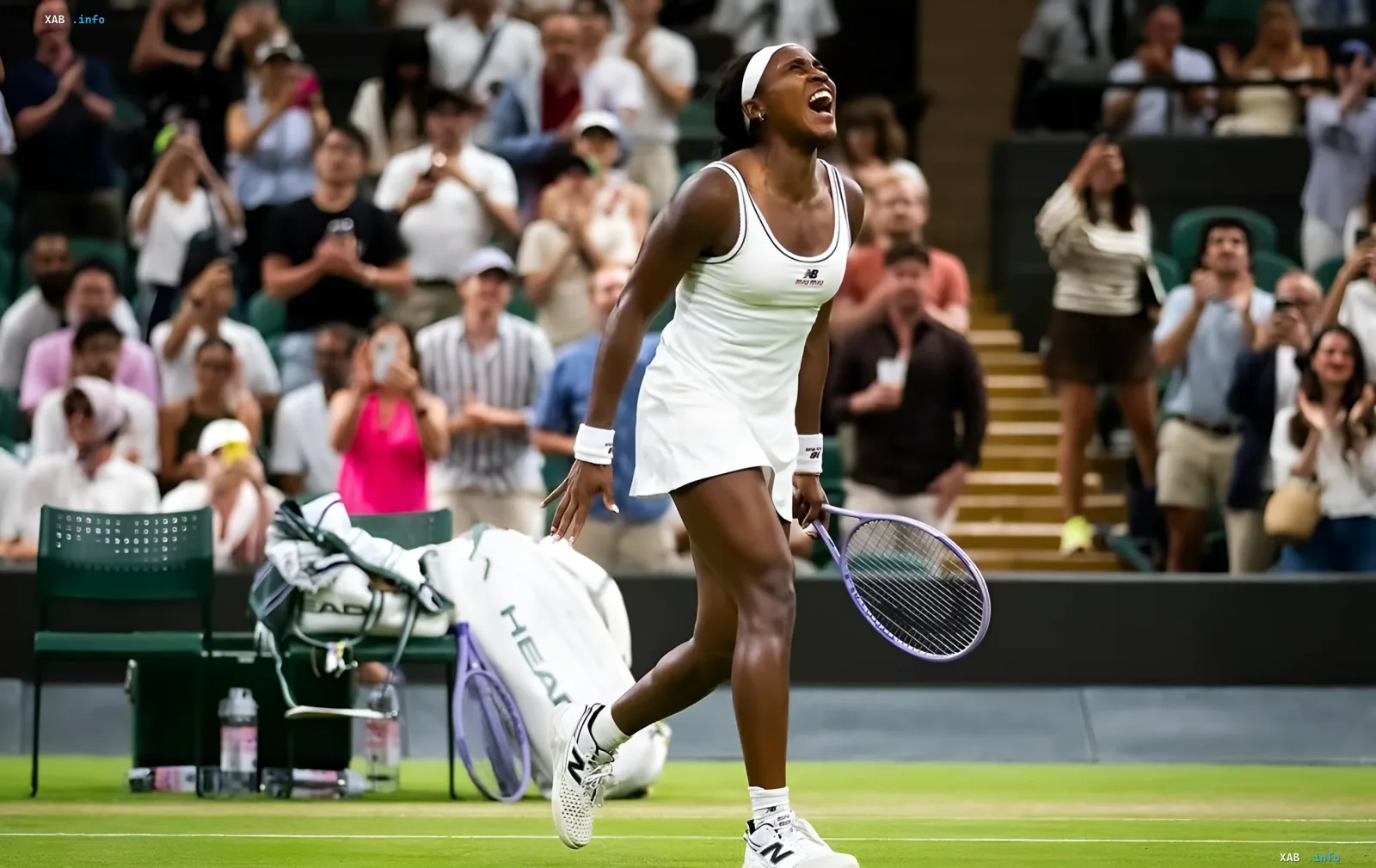 Coco Gauff celebrates her victory in the Cincinnati final, shouting in joy and holding her racket in front of an applauding crowd