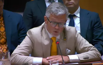 Ukraine representative speaking at the UN Security Council demanding Patriot systems and launching a global air defense missile production coalition
