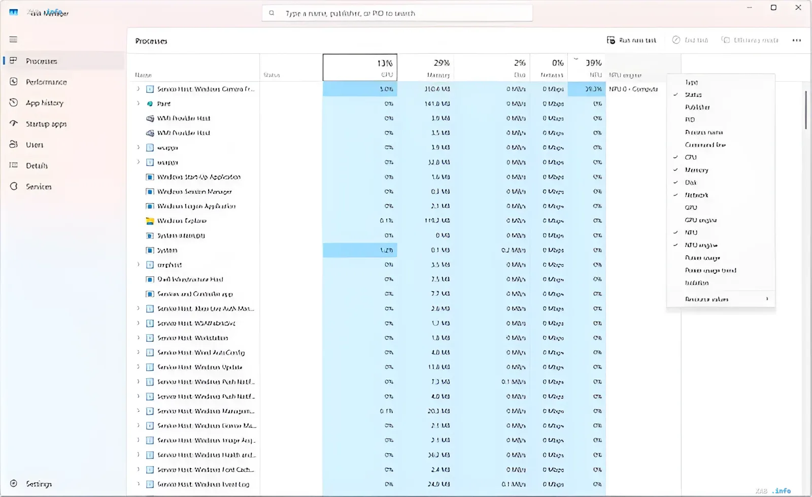 Windows Task Manager showing the new NPU column for monitoring neural chip and AI workload usage