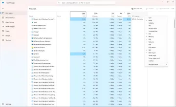 Windows Task Manager showing the new NPU column for monitoring neural chip and AI workload usage