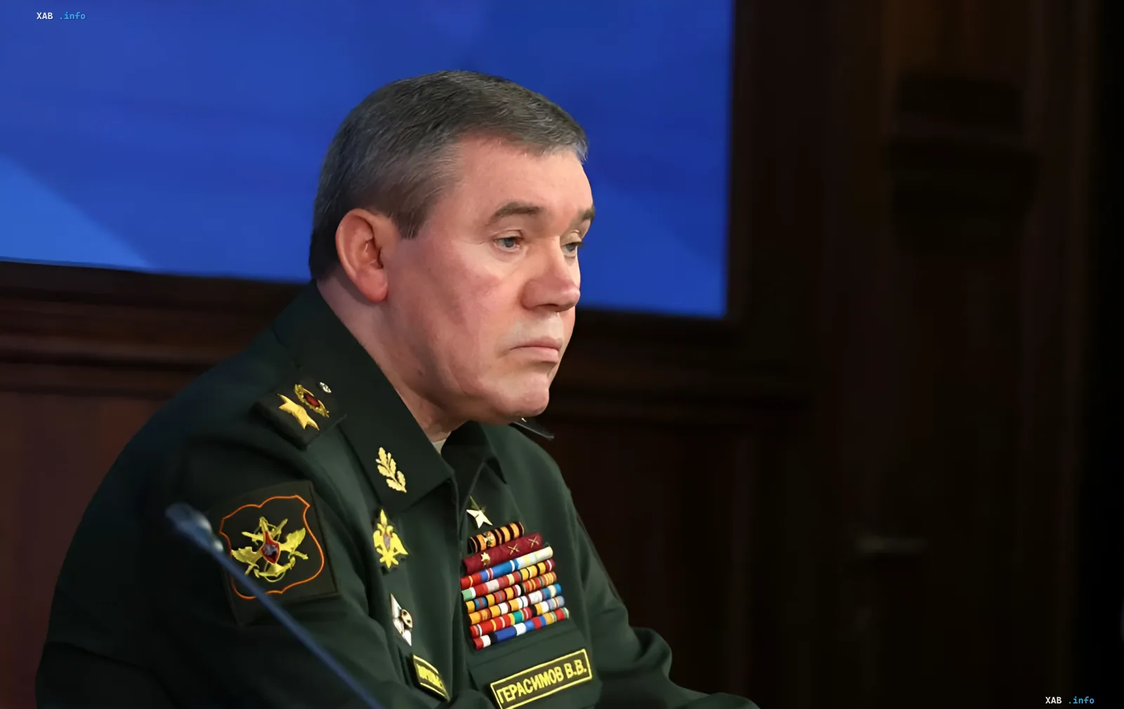 General Valery Gerasimov in military uniform at a session, who was indicted in absentia by Ukraine's SBU over the massive strike on Kyiv