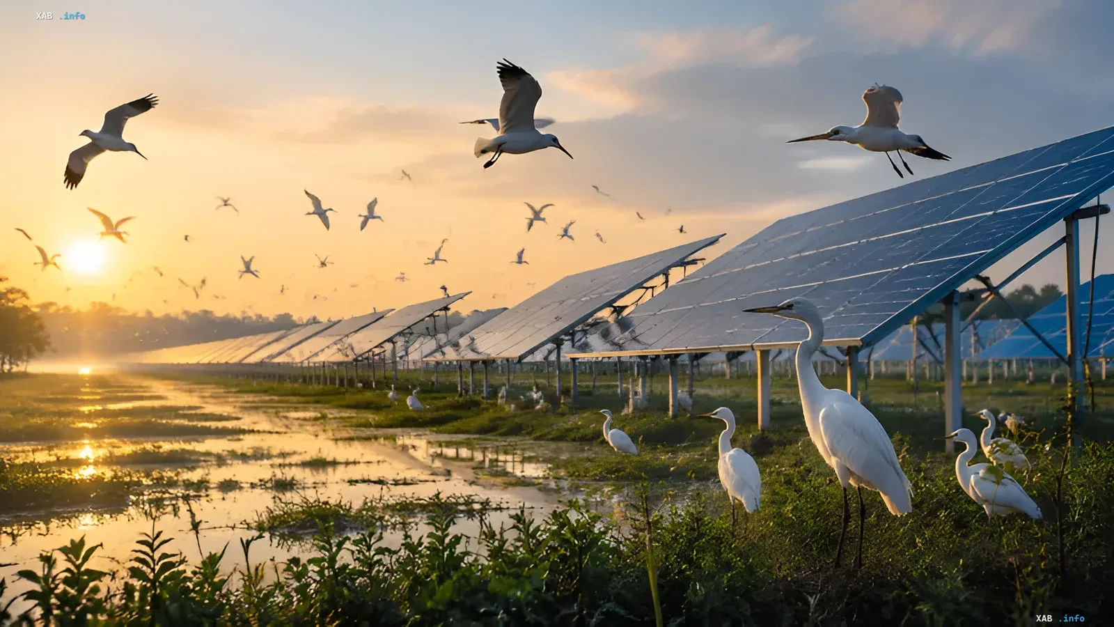 Solar farm in China at sunset: solar panels and white birds flying and resting on wetland ground — illustrating the impact of solar energy on biodiversity