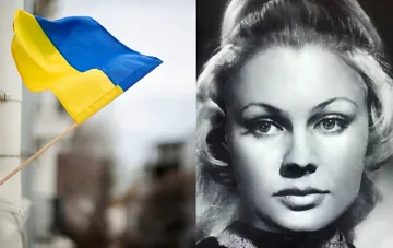 Svitlana Belonozhko, the newsreader who announced Ukraine's independence, and the flag of Ukraine