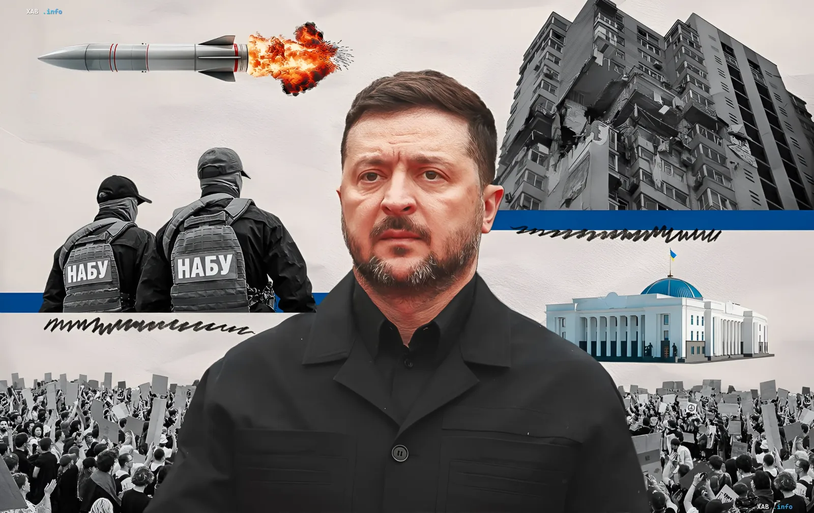 Зеленський на тлі ракети, зруйнованого будинку, співробітників НАБУ, Верховної Ради та протестувальників — 35 років незалежності України