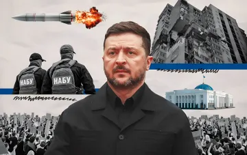 Зеленський на тлі ракети, зруйнованого будинку, співробітників НАБУ, Верховної Ради та протестувальників — 35 років незалежності України