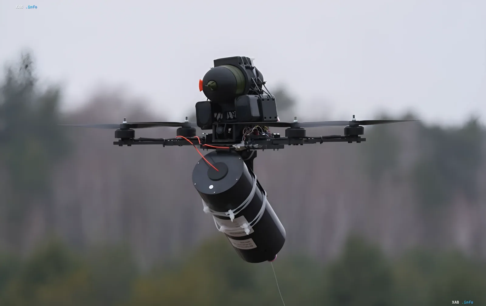 Ukrainian FPV drone with an under-slung warhead in flight — a product of the defense industry