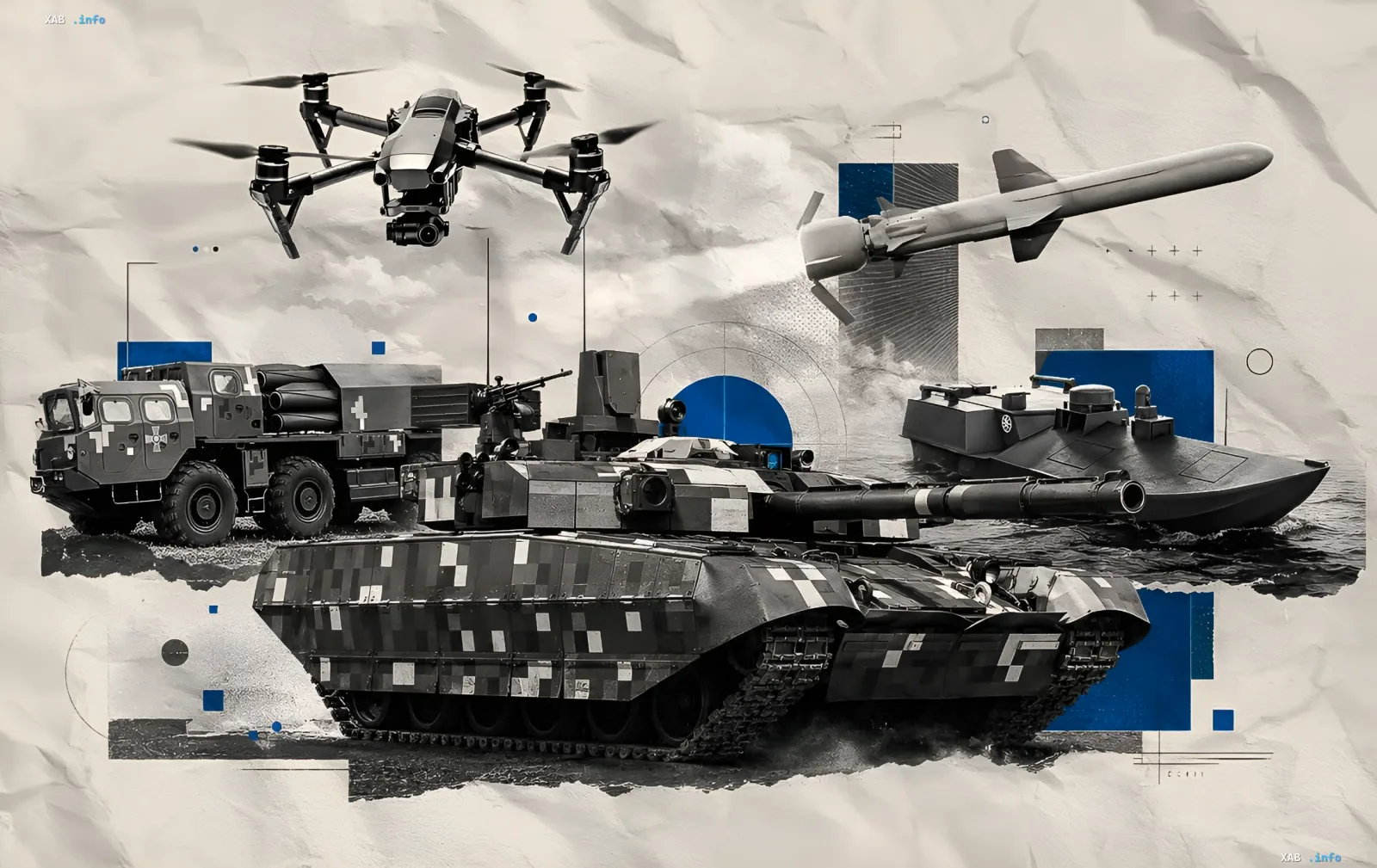 Коллаж военной техники: FPV-дрон, крылатая ракета «Нептун», танк и артиллерия — достижения украинского ВПК за 35 лет Независимости