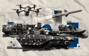 Military hardware collage: FPV drone, Neptune cruise missile, tank and artillery — achievements of Ukraine's defense industry over 35 years of independence