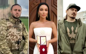 Collage: Ukrainische Künstler und Militärangehörige, die von Selenskyj zum Unabhängigkeitstag mit Staatsauszeichnungen geehrt wurden, Frau mit Orden