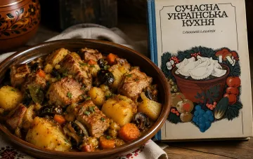Жаркое по-житомирски из свинины с картофелем, морковью и грибами в керамической миске рядом с книгой украинской кухни