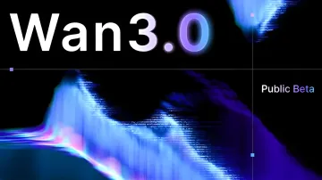 Офіційний логотип Wan 3.0 від Alibaba з написом Public Beta та абстрактним цифровим фоном