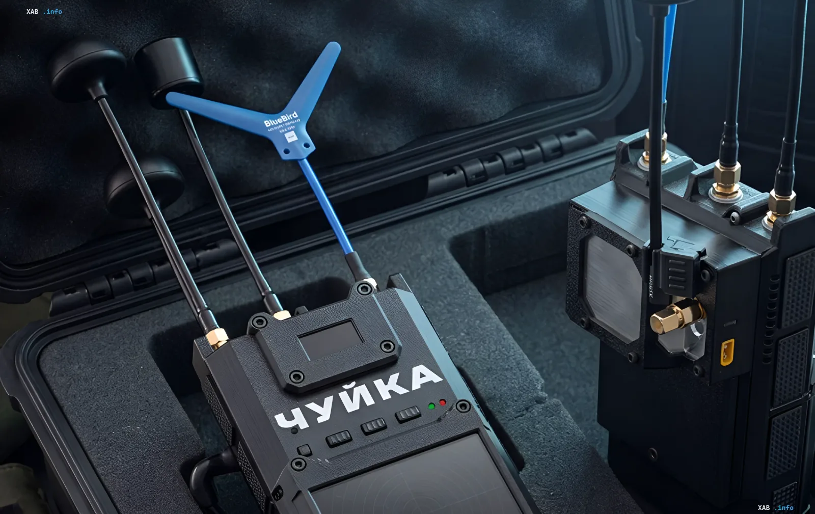 BlueBird Tech Chuyka 3.0 portable drone detector with the signature blue BlueBird antenna in a protective case