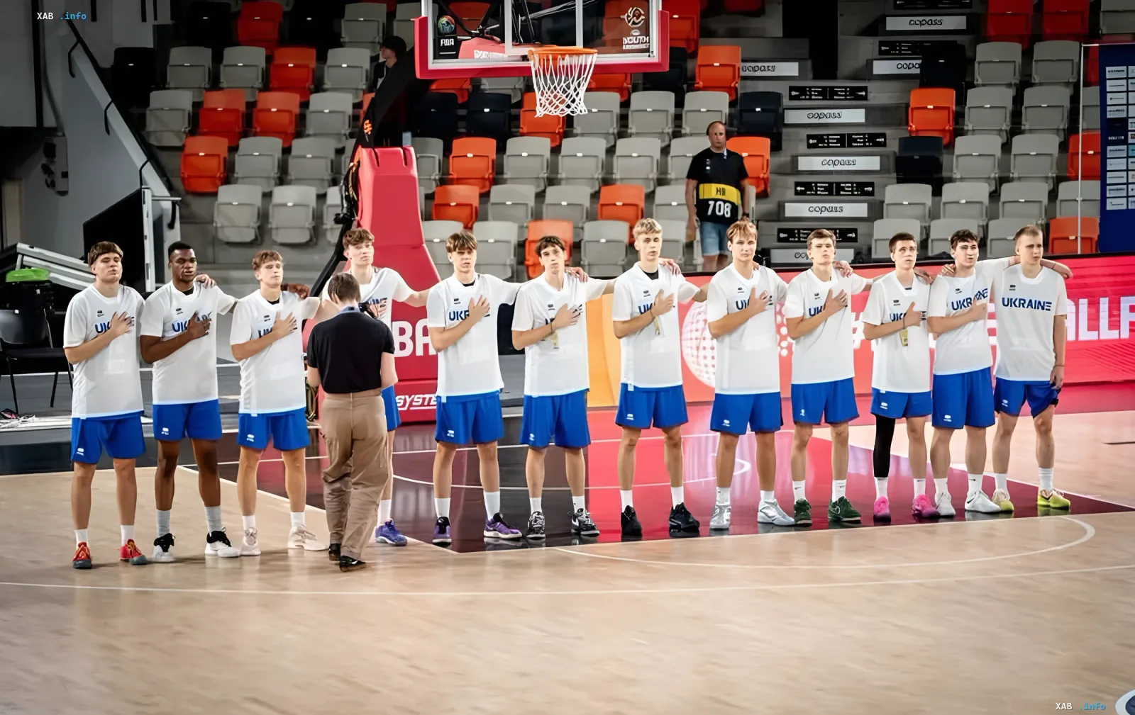 Ukraine U-20 national team players in UKRAINE jerseys on the basketball court before the game, U-20 triumph and Kharkiv Falcons Superliga 2026/27 season preparation