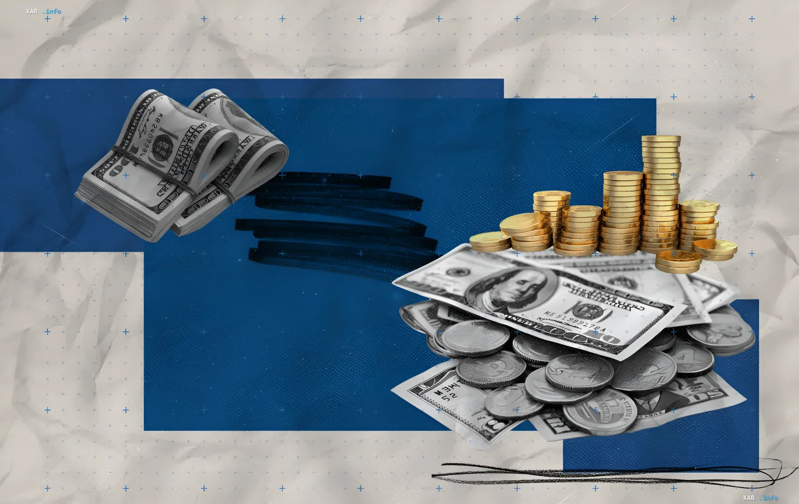 Stapel von US-Dollar-Scheinen und Münzen auf blauem Hintergrund — Illustration zum Kurs des Dollars unter 45 Hrywnia in der Ukraine am 25. August 2026