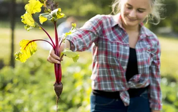 Frau im karierten Hemd hält ein frisch geerntetes Gemüse mit leuchtenden Stängeln und Blättern vor dem Hintergrund eines sonnigen Gartens – Beispiel für pflegeleichten Anbau