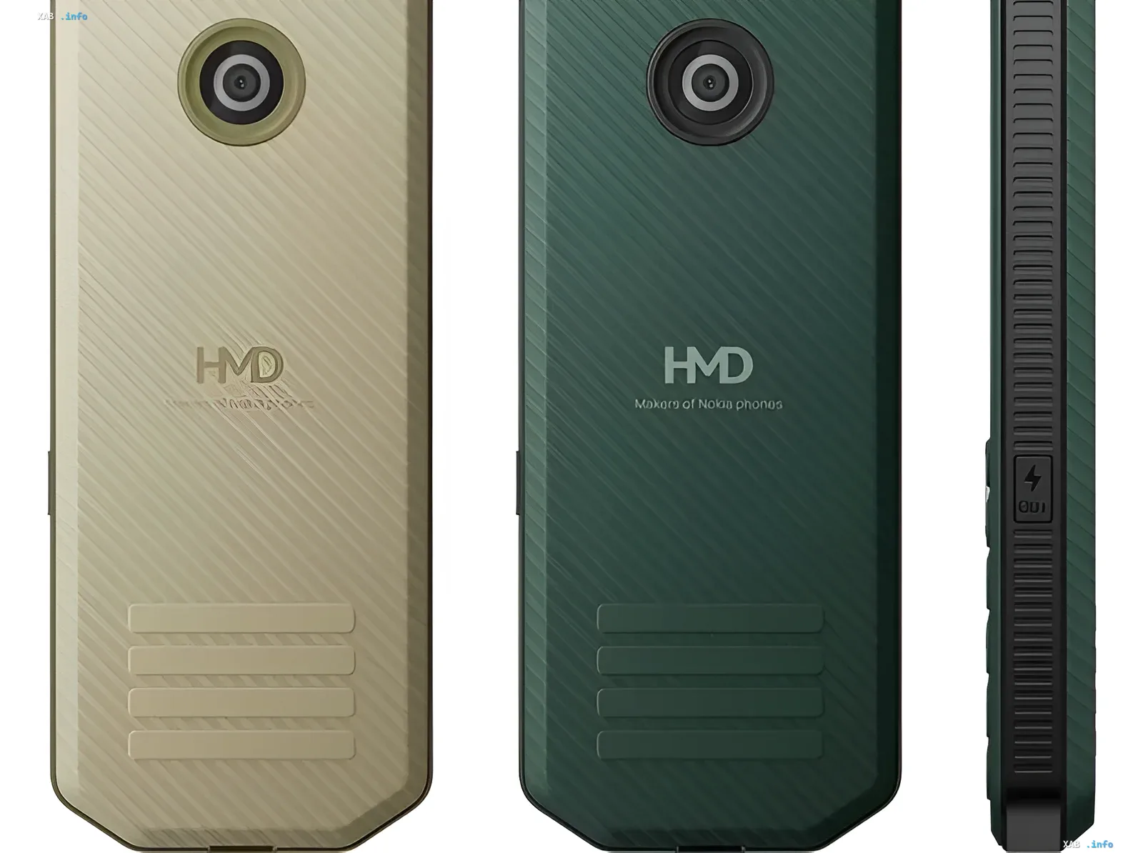 Nokia 300 Charge in gold and green: back panel with camera, HMD logo, and power bank feature