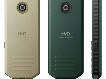 Nokia 300 Charge у золотистому та зеленому кольорі: задня панель з камерою, логотипом HMD та функцією павербанку