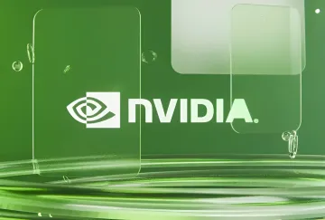 Логотип Nvidia на фоне зеленых стеклянных поверхностей, символизирующий сделку по приобретению лицензии Poolside за $6 млрд