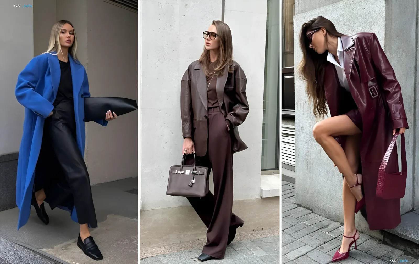Three trending autumn 2026 looks in cobalt blue, brown and wine coats — the season's key colors according to a stylist