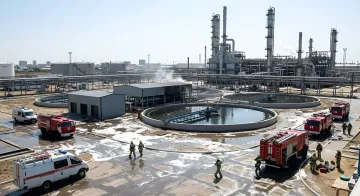 Feuerwehr bekämpft einen Brand auf dem Gelände des Atyrau-Ölraffinerie: Rauch über einem Produktionsgebäude, Feuerwehrautos und Schaum auf dem Gelände der Klärbecken