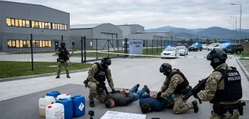 Спецназ словацкой полиции ÚBOK задерживает диверсантов у завода дронов в Словакии, рядом канистры с напалмом