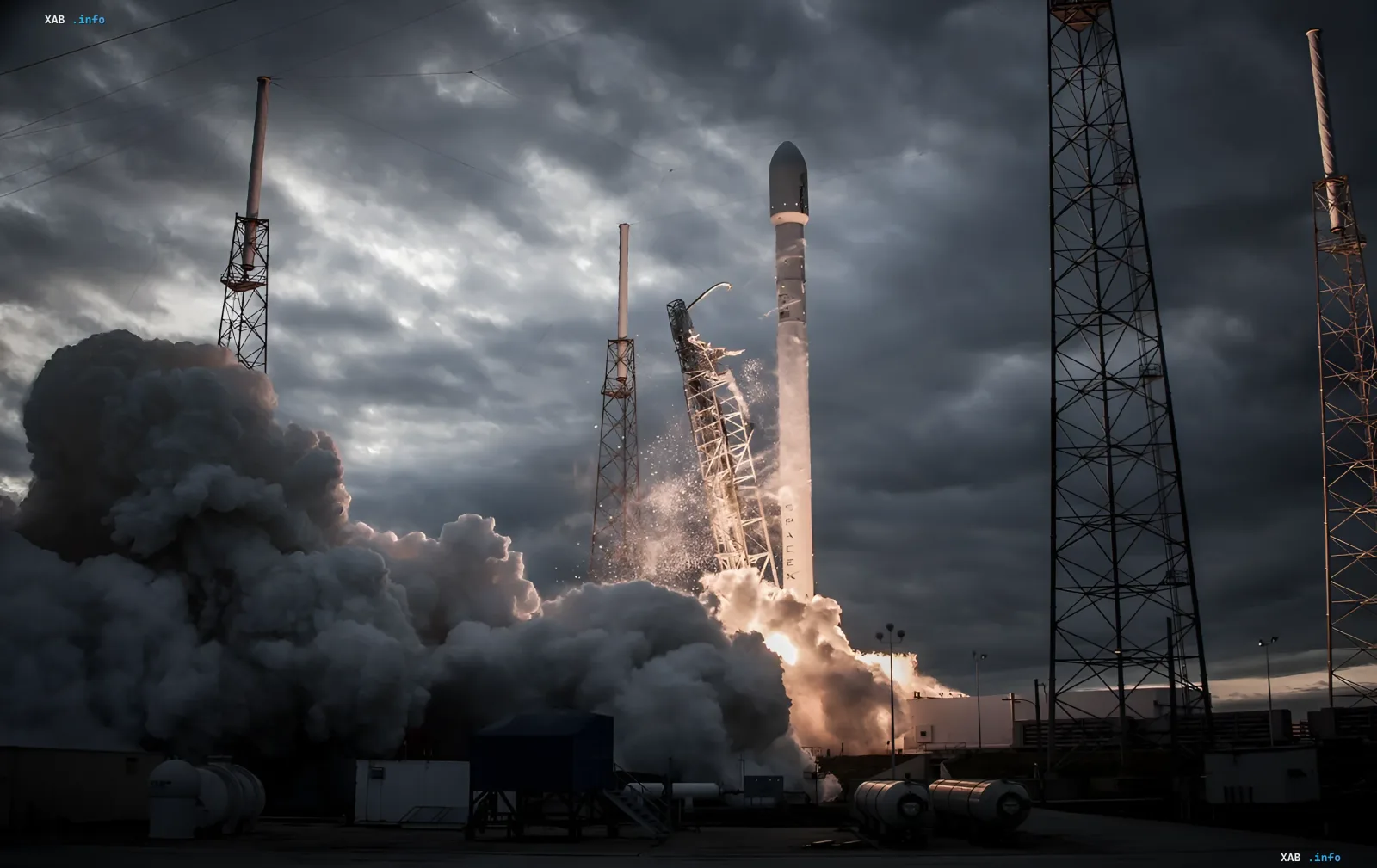 Start der SpaceX-Rakete Falcon 9 vor stürmischem Himmel mit großer Dampf- und Rauchwolke – Symbol für das Ende einer Ära vor dem Übergang zu Starship
