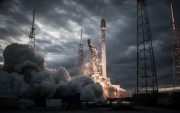 Запуск ракеты-носителя Falcon 9 SpaceX на фоне грозового неба с облаком пара и дыма — символ конца эпохи перед переходом к Starship