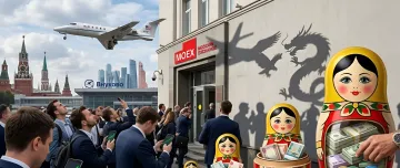 Ein Sonderflugzeug fliegt über dem Gebäude der Moskauer Börse, Trader beobachten steigende Kurse auf ihren Handys, daneben Matrioschka-Puppen mit Dollarstapeln und Schatten von Adler und Drache an der Wand