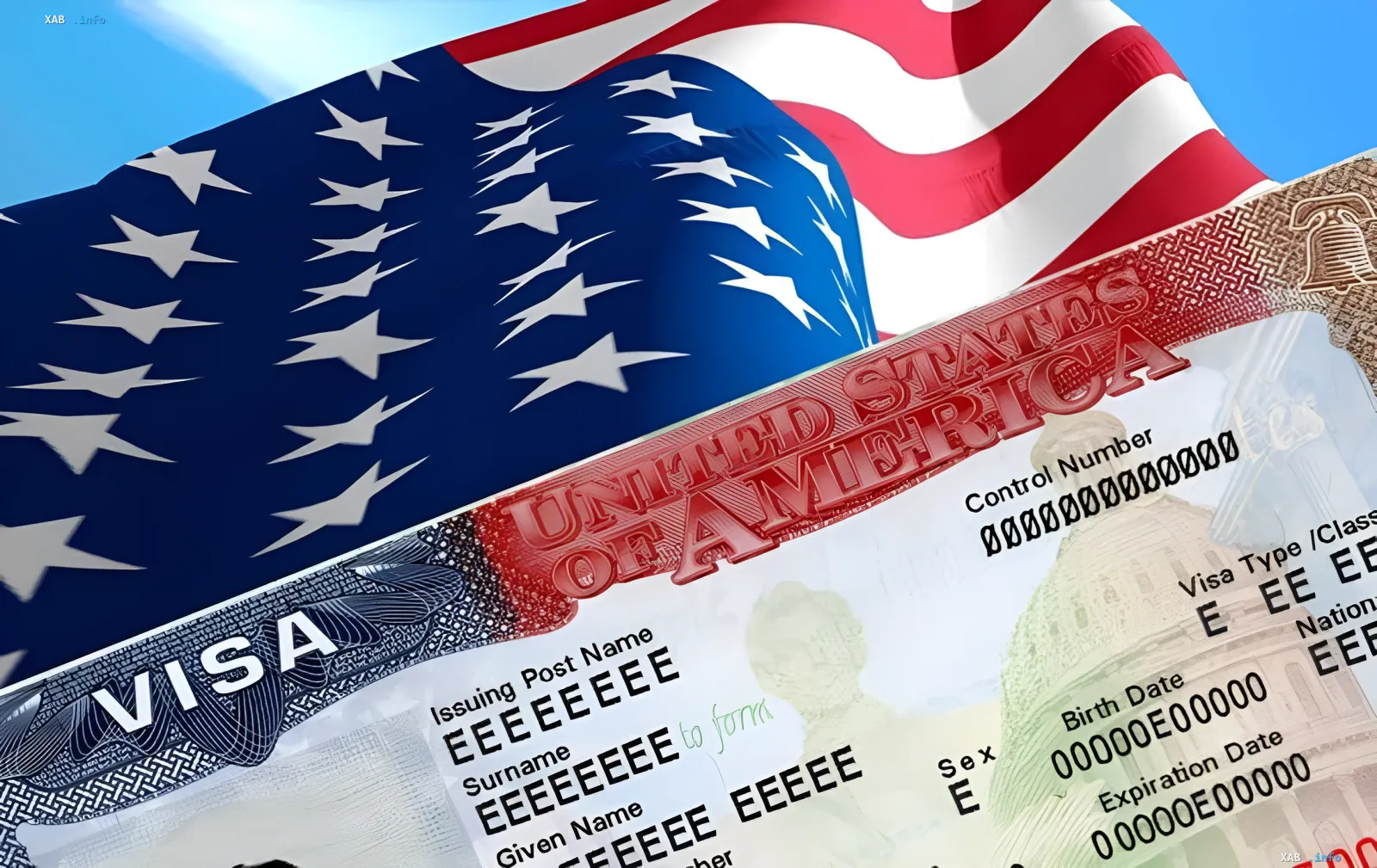 Американский флаг и виза США на фоне новостей об аннулировании до 200 тысяч виз иностранцев, подавших заявления на убежище