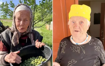Украинские бабушки-блогеры в TikTok: пожилая женщина с ведром урожая в саду и в ярком жёлтом платке у дома