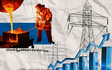 Molten metal pouring, a metallurgist worker and power transmission towers against a rising electricity cost chart