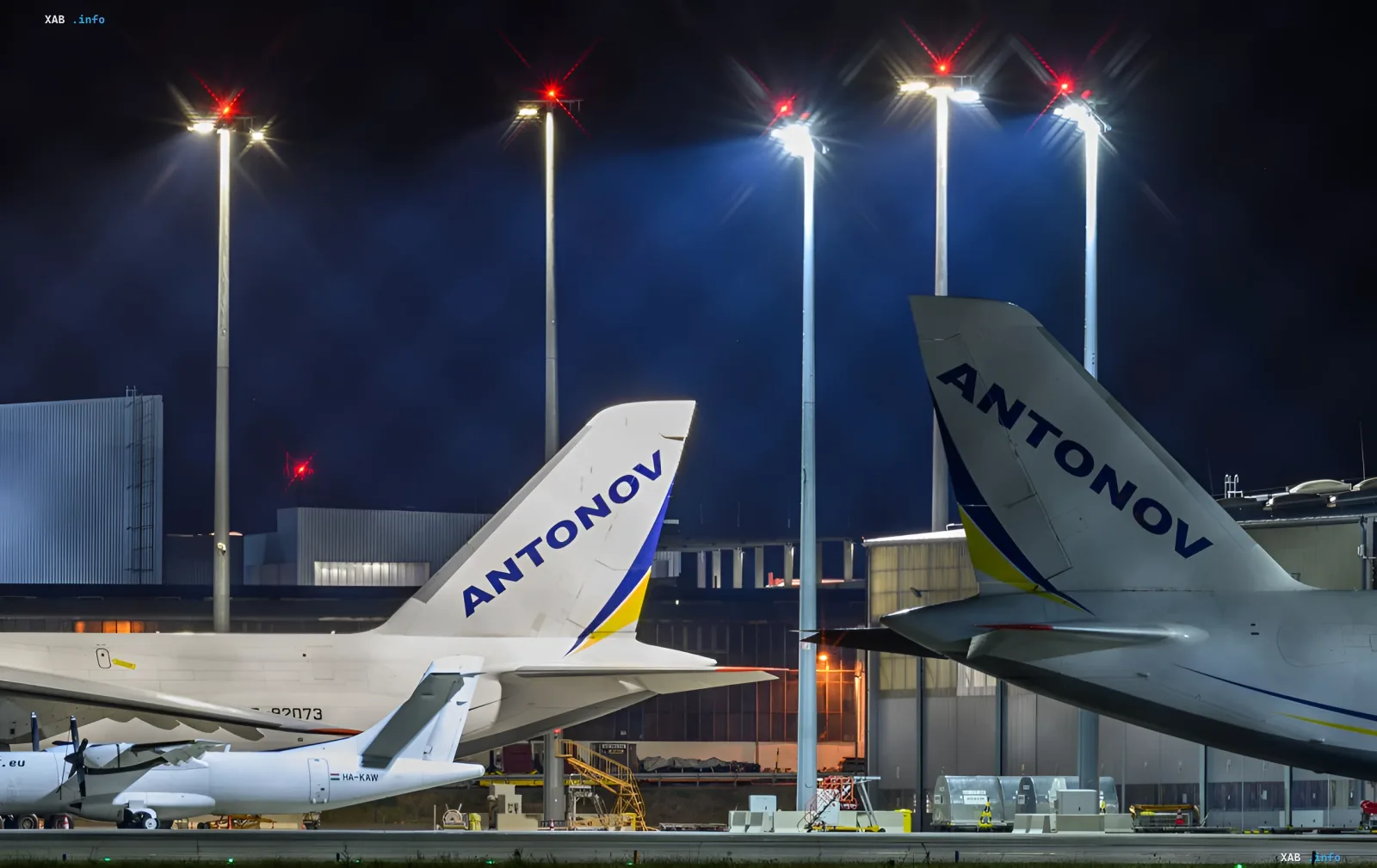 Ukrainian Antonov An-124 cargo planes at Leipzig airport at night after the drone attack