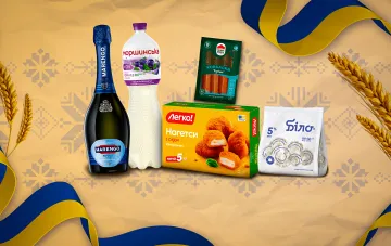 Fünf ukrainische Marken Marengo, Morshynska, Nasha Riba, Legko! und Bilo vor dem Hintergrund der ukrainischen Flagge