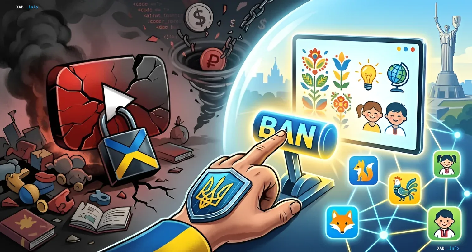 Иллюстрация блокировки YouTube-каналов «Маши и Медведя» в Украине: рука с украинским щитом нажимает кнопку BAN, рядом разрушенный логотип YouTube и детские персонажи мультсериала