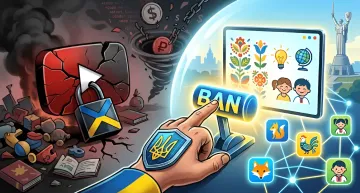 Иллюстрация блокировки YouTube-каналов «Маши и Медведя» в Украине: рука с украинским щитом нажимает кнопку BAN, рядом разрушенный логотип YouTube и детские персонажи мультсериала