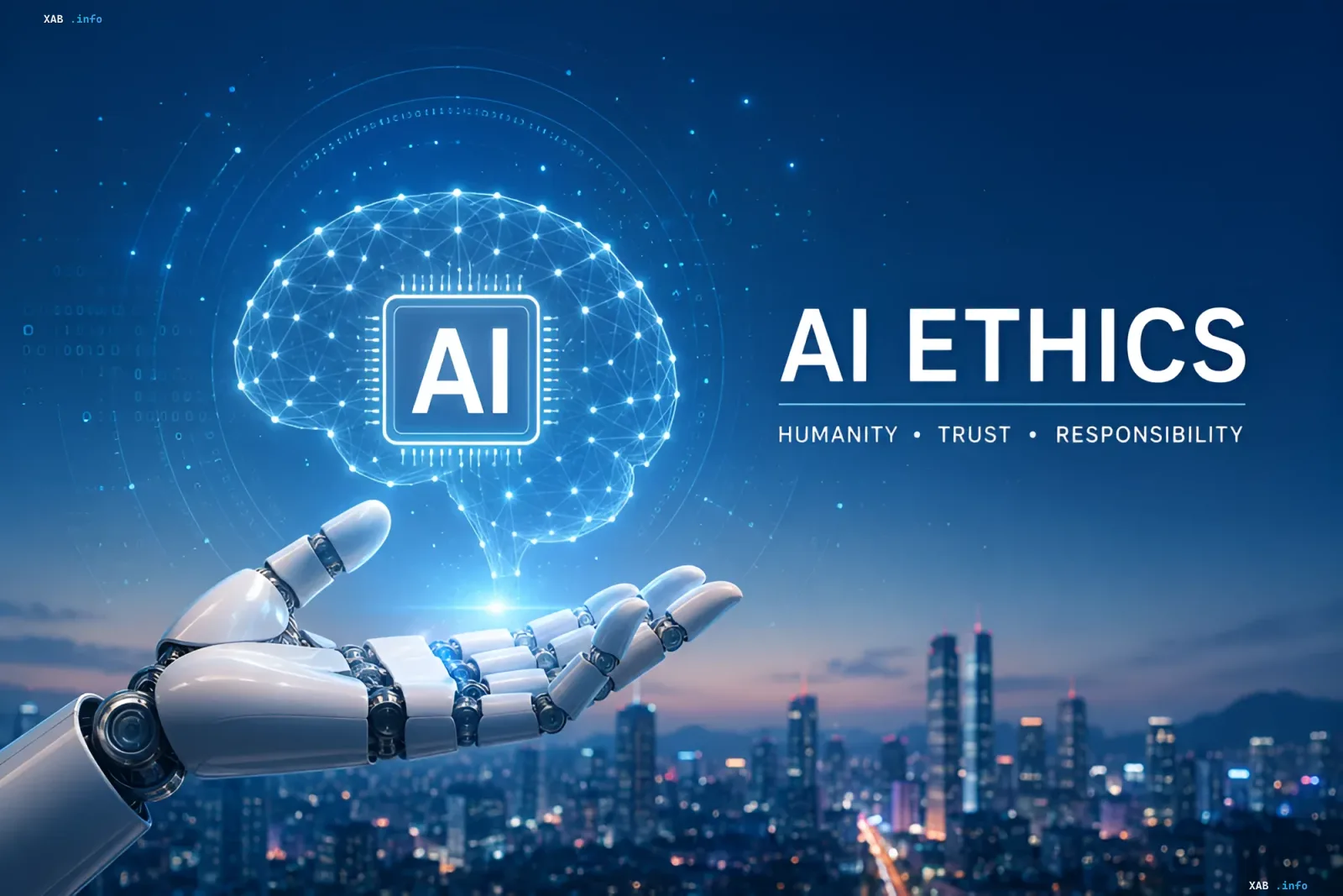 Роботизированная рука с голографическим мозгом и надписью AI на фоне ночного Сеула — иллюстрация национальных этических принципов искусственного интеллекта Южной Кореи