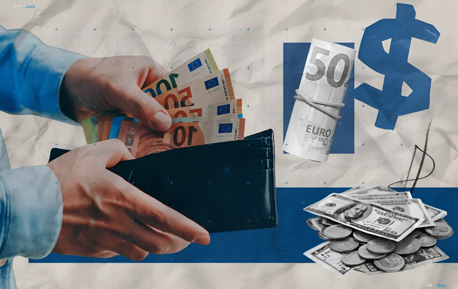 Dollar- und Euro-Kurse in der Ukraine: Hände mit Geldbeutel, Euro-Scheine und ein Dollar-Bündel vor einem Währungssymbol