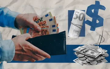 Dollar- und Euro-Kurse in der Ukraine: Hände mit Geldbeutel, Euro-Scheine und ein Dollar-Bündel vor einem Währungssymbol